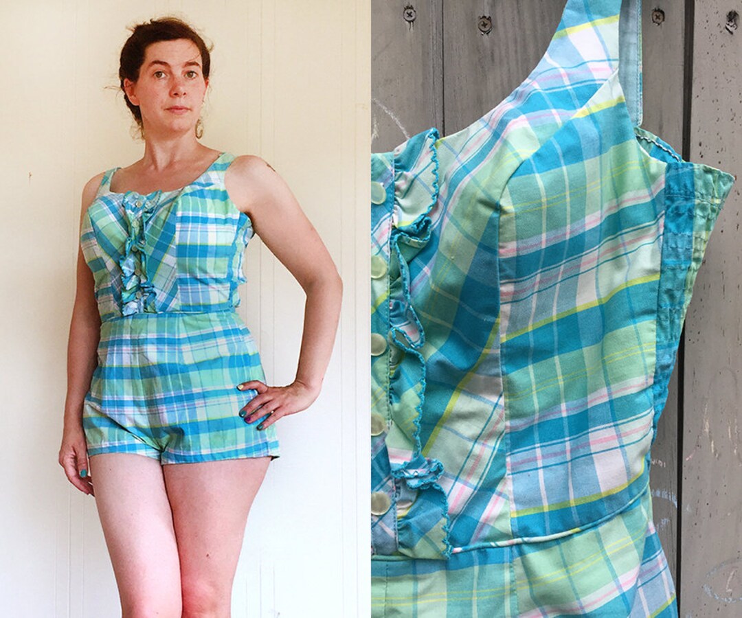 Vintage Swimsuit 1950s 60s Robby Len Bathing Suit Blue Plaid - Etsy