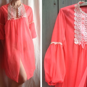 Vintage lingerie Lace trimmed union label coral sheer open nightgown robe image 1