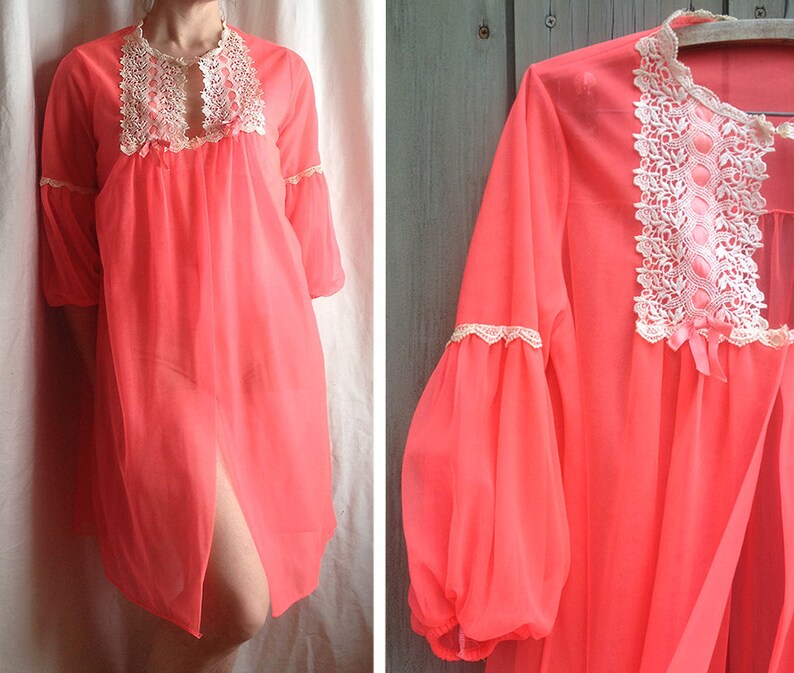 Vintage lingerie Lace trimmed union label coral sheer open nightgown robe image 1