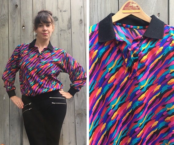 Vintage top | 1980s windbreaker, rainbow print to… - image 1