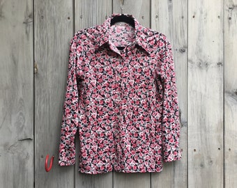 Vintage top | 1970s polyester shirt, vintage Cape Cod Match Mates top, 70s button down, 70s polyester shirt, long sleeve shirt, dark floral