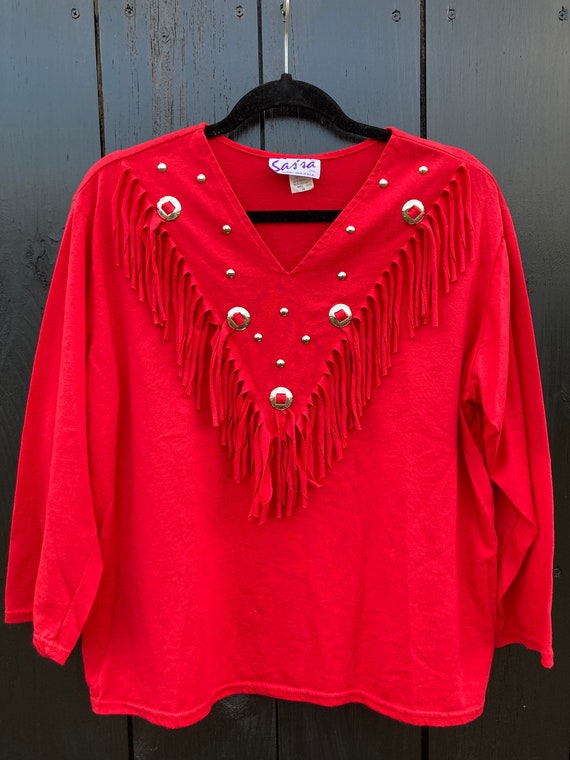 1980s Sas'sa red Western style shirt with fringe