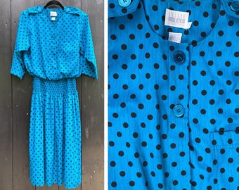 1990s Leslie Fay teal and blue polka dot dress