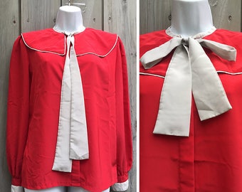 Vintage blouse | 1980s romantic Jean Pierre red blouse with beige pussy bow and trim