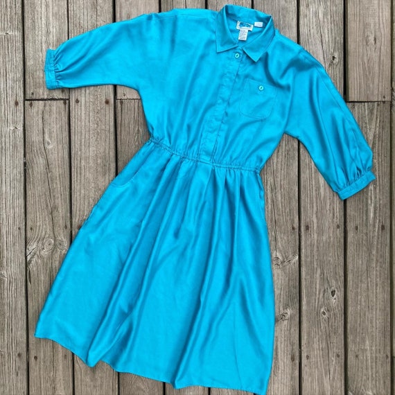 1980s shirt dress, turquoise 80s shirt dress