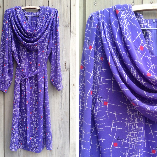 Vintage dress | Purple abstract atomic print Mynette dramatic cowl neck draped stunner