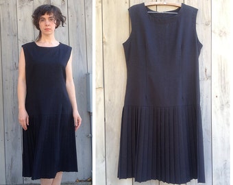 1980s dress, black sleeveless drop waist pleated skirt Jeffrey & Dana dress