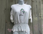 Vintage top 39 Jamaica 39 parrot print cold shoulder cutout fringed crop top T shirt