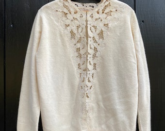 1960s Prestige Originals angora lambs wool lace trimmed cardigan sweater