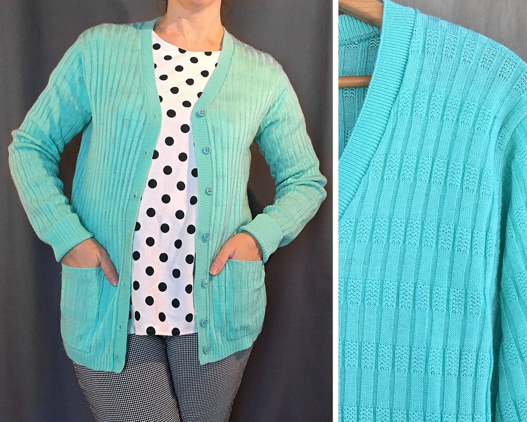 Vintage Sweater Nylon Cardigan Sweater, Boyfriend Cardigan, Seafoam