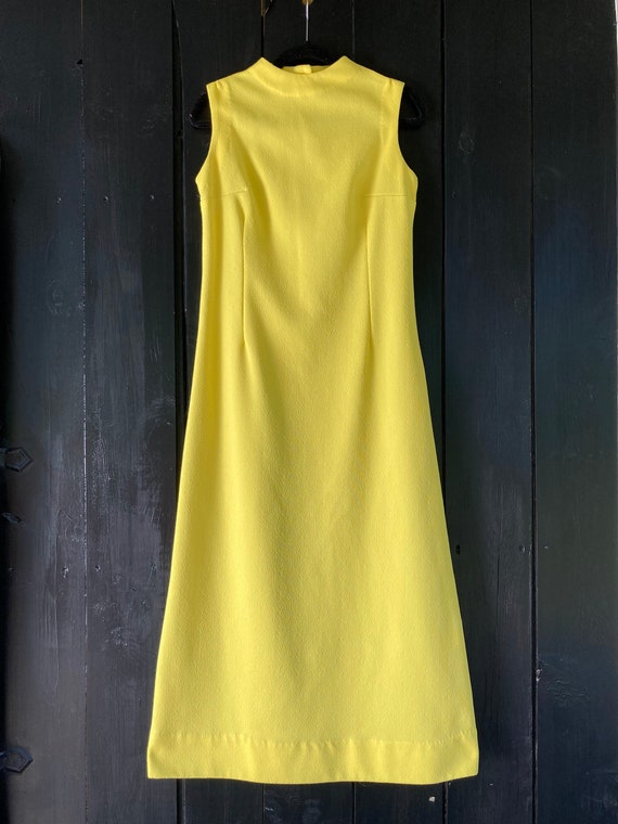 1970s maxi dress, daffodil yellow sleeveless maxi