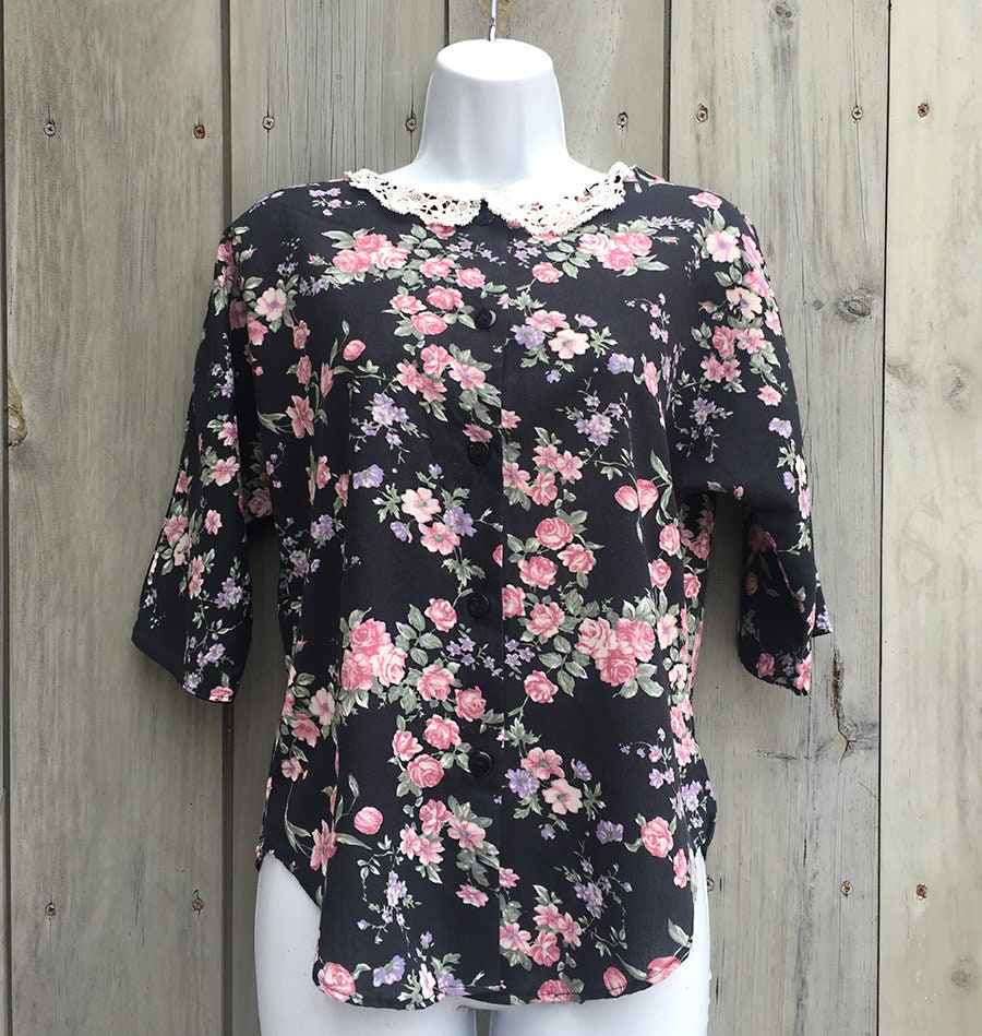 Vintage Blouse 1990s T.D. Sport Romantic Dark Floral Rose - Etsy