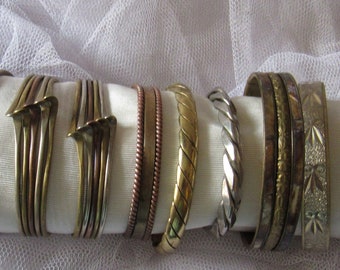 Vintage Jewelry, Estate Jewelry, Lot of 14, MCM Bangles, Cuff Bracelets, Mixed Metals, Copper, Brass, Goldtone, Silvertone, One Marked Monet