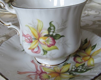 Vintage Paragon Bone China Teacup Set, English Yellow Orchid Wedding Bouquet