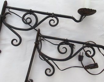 Pair of Antique, Hand Forged, Primitive Style, Wrought Iron and Tin, Candle Sconces, Electrified, Wall Mount, Architectural Ironwork