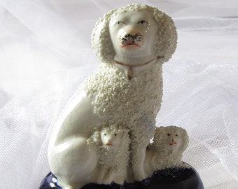 Antique Staffordshire Small Figure of Poodle and Two Puppies on Blue Base, Late 19th Century, English