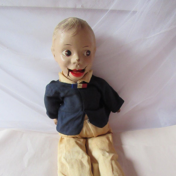 Vintage Boy Doll, Ventriloquist Doll, Dummy Doll, Puppet Doll, Cloth Body, Composition Head & Hands, 1930s, Needs Repair