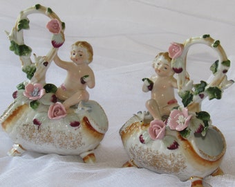 Vintage Pr Figurines, Ceramic Cupids on Baskets, Mid Century, Made in Japan, UCAGCO Sticker, Flowers and Birds, Collectible, Decorative