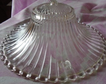 Vintage Ceiling Fixture, Clear Glass, Mid Century Shade, Ribbed and Scalloped, Flush Mount Pressed Glass, 1950s, Light Fixture