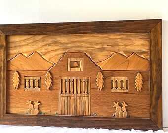 Vintage Framed Picture, Three Dimensional Inlaid Wood Intarsia Picture, 21” by 13”, Four Types of Wood, Martinez Woods, Southwestern Theme