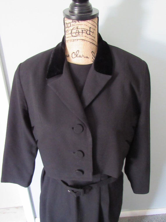 Vintage 1950s, Black Wool Dress, Black Velvet Trim