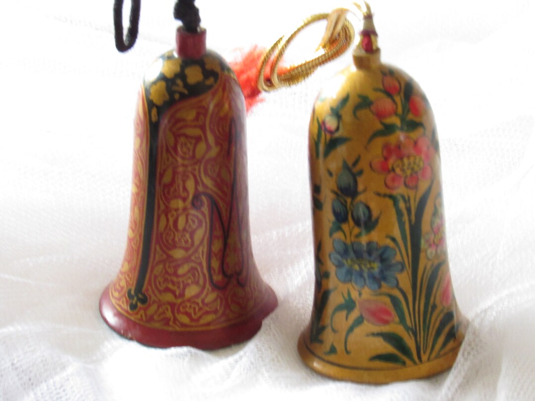 Pair of Vintage Bells, Made in India, Pressed Wood, Handmade, Christmas