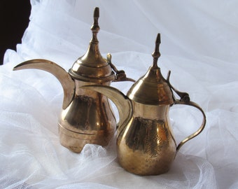 Two Vintage Small Middle East Arabic Dallah, Brass Copper Coffee Pot, One Signed UAE, 6 to 7 " Tall