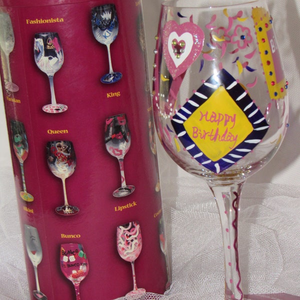 Vintage Lolita Glass, The Wine Collection, Hand Painted Wine Glass, Birthday Girl, 15 Ounce Size, With Recipe On Bottom, New With Tags, IOB