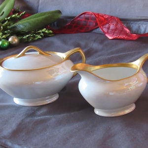 Antique Sugar and Creamer, Opalescent Pearl, Gold Decorated, Fraureuth Porcelain, German Porcelain, Hand Painted