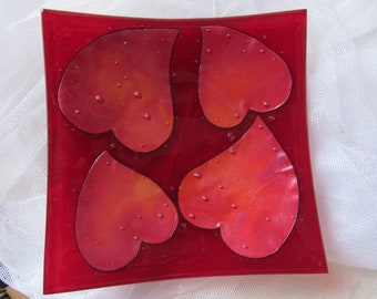 Red Fused Glass Heart Dish, 6" by 6" by 1.5", Four Hearts, Bubbles, Candy Dish, Dresser Dish, Artist Signed, 2003, Mother's Day, Please READ