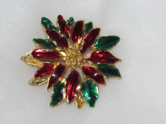 Vintage Poinsettia Pin, Poinsettia Brooche, Red a… - image 7
