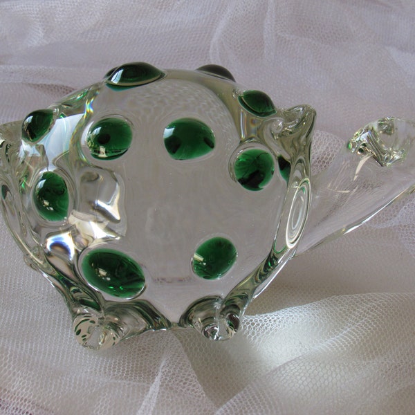Vintage Glass Turtle, Paperweight, Clear with Green Polka Dots, Office Decor, Hand Blown, Art Glass, Turtle Figurine