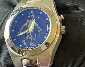 Vintage Fossil Big Tic Watch: Walking Robot, Blue Face
