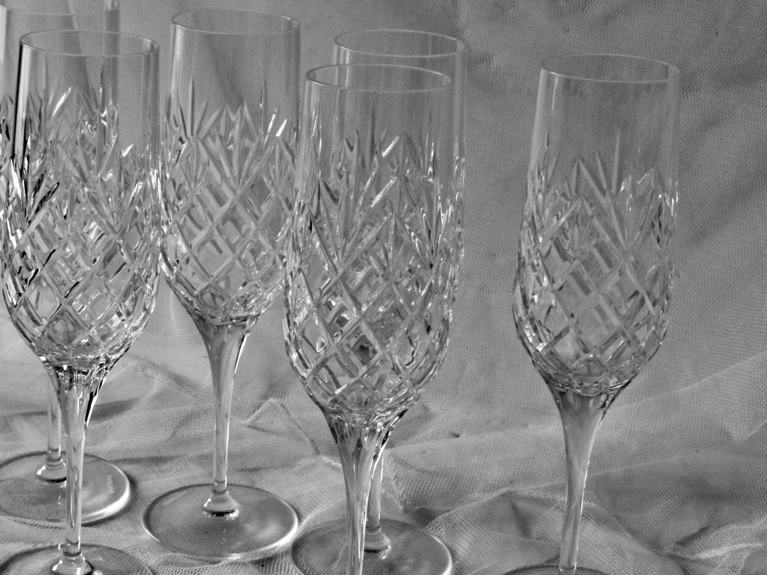 Vintage Royal Doulton Champagne Flutes, Crystal Diamond Pattern, Six