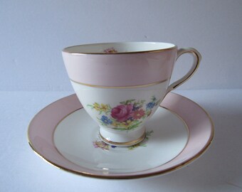 Vintage, Royal Taunton, Teacup and Saucer, Pastel Pink, Bone China, Made in England, Flower Bouquet, Gold Trim, Teacup Set, YesterdaysGold