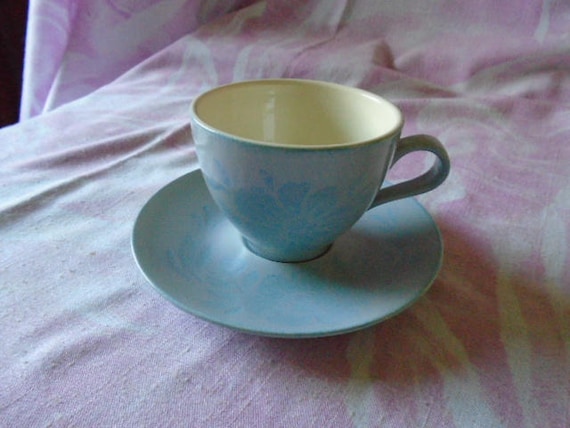 Vintage Red Wing Dinnerware, Blue Shadow #216 Cup and Saucer, Mid Century Ceramic made in Minnesota, USA