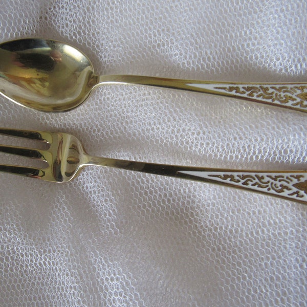 Vintage Serving Pair, Small Brass Spoon & Fork, Inlaid White Enamel Trim, Marked Thailand