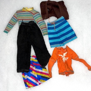 Vintage Clothes for Ken Doll, 6 Pieces, 1960s-1970s, Tops, Shorts, Pants, Barbiecore