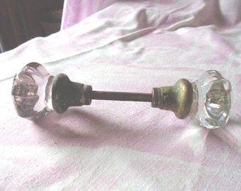 Vintage Octagonal Glass Doorknob Set, Brass Fittings, Victorian Hardware
