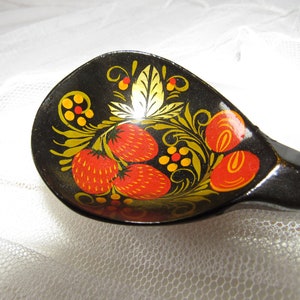 Vintage Russian Khokloma, Hand Painted Spoon, Strawberry Design, Red Black and Gold, Decorative Spoon, Carved Wood, Collectible Folk Art