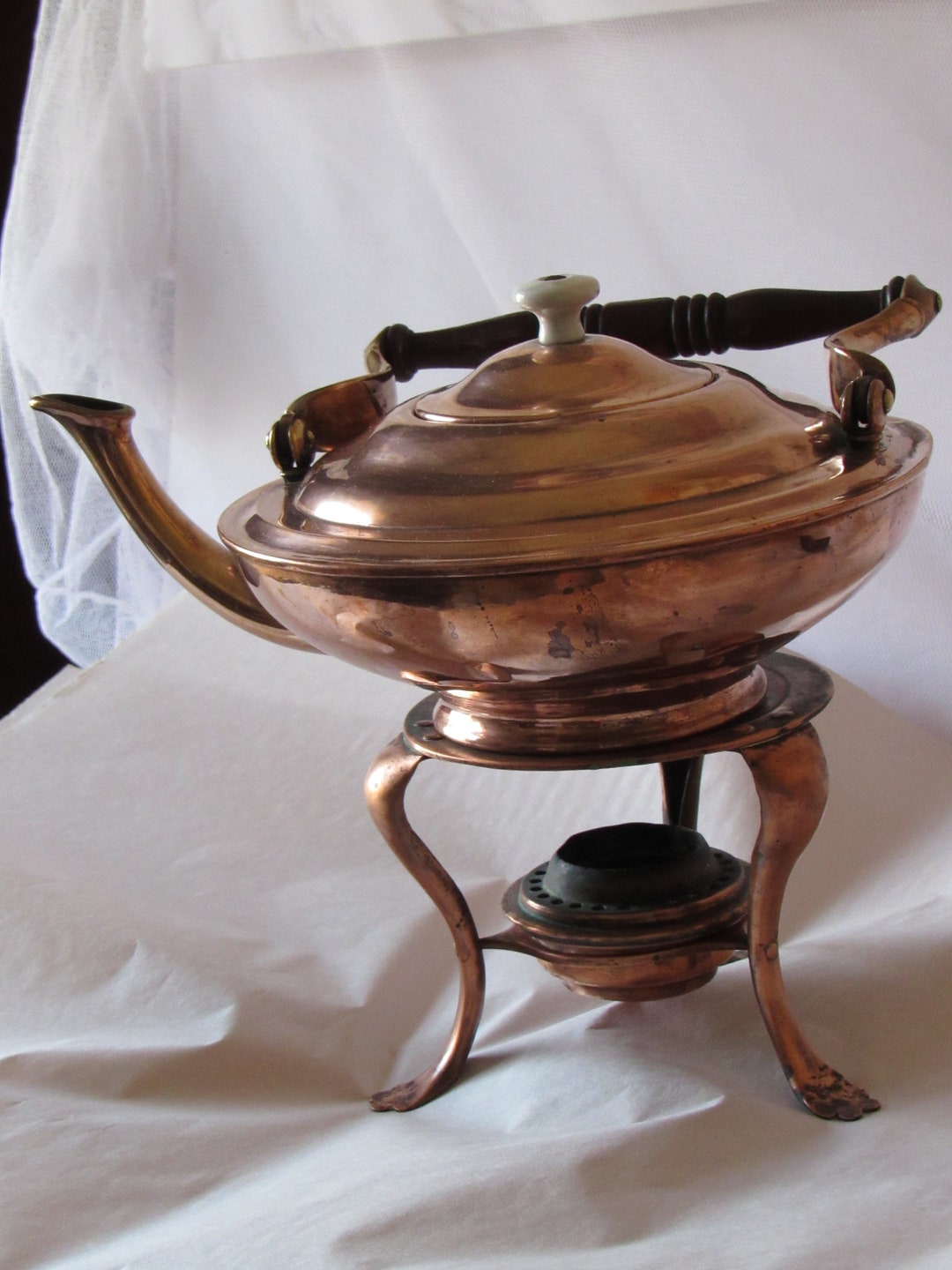 Antique Copper Tea Kettle, Trivet Stand W/warmer, Pat. Jan 12, 1882