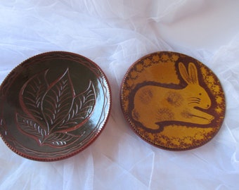 Vintage C.H. Ned Foltz Redware Decorative Plates, Sgraffito Decorated, Leaf & Bunny Folk Art, Pennsylvania, PA Dutch, Americana