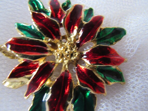 Vintage Poinsettia Pin, Poinsettia Brooche, Red a… - image 2