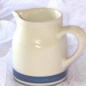Vintage Creamer, Friendship Pottery Cream Pitcher, Roseville Ohio Pottery, Creamy White, Cobalt Blue Double Band, Marked FP