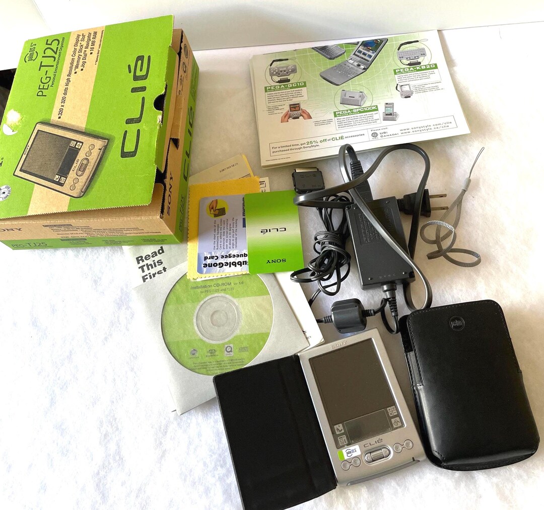 Vintage Sony Clie PEG-TJ 25 PDA, Stylus, Case, Box, Manuals
