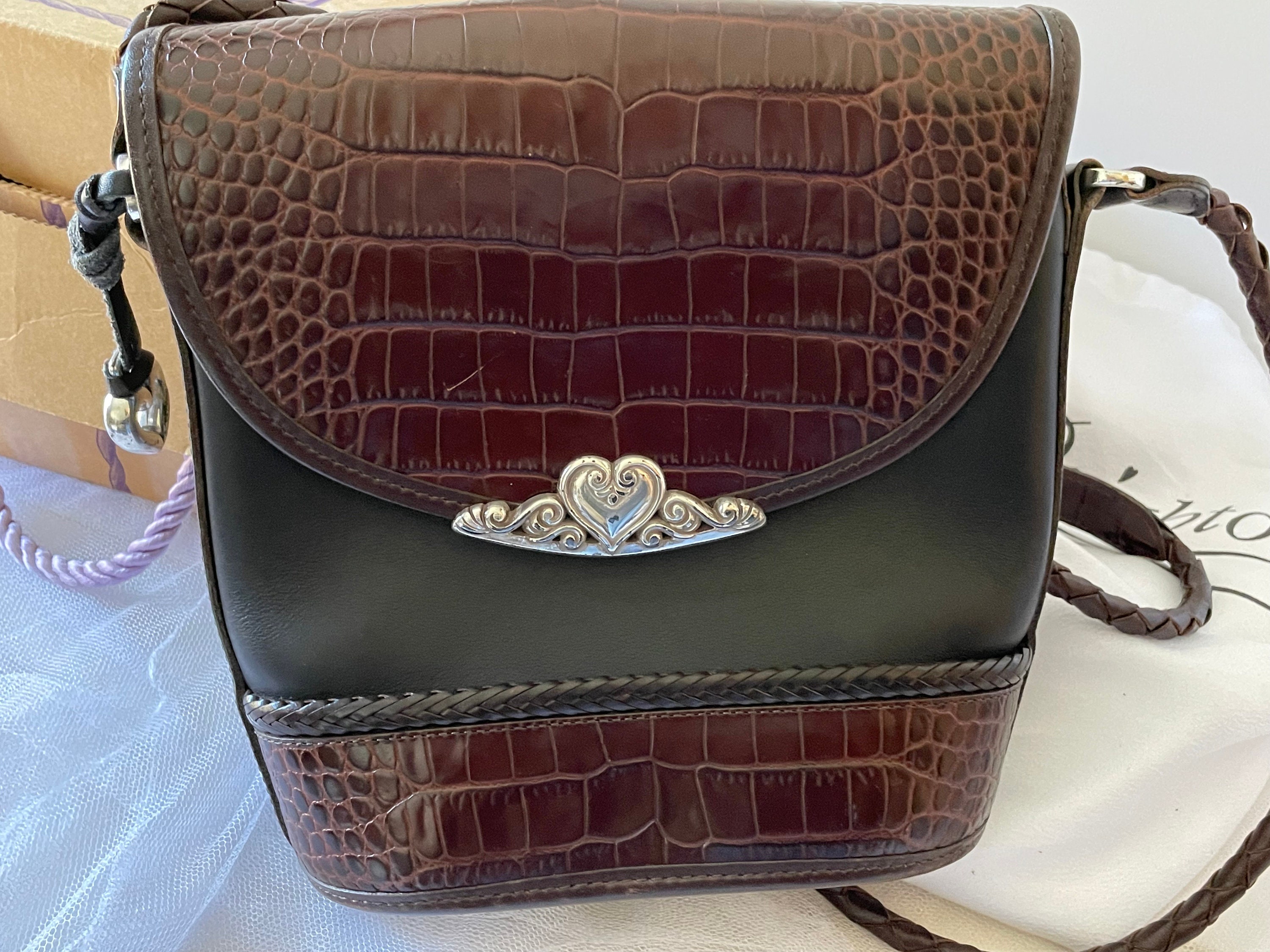 Sac Bandoulière Vintage Brighton Noir Avec Motif Crocodile Marron En Relief - Occasion