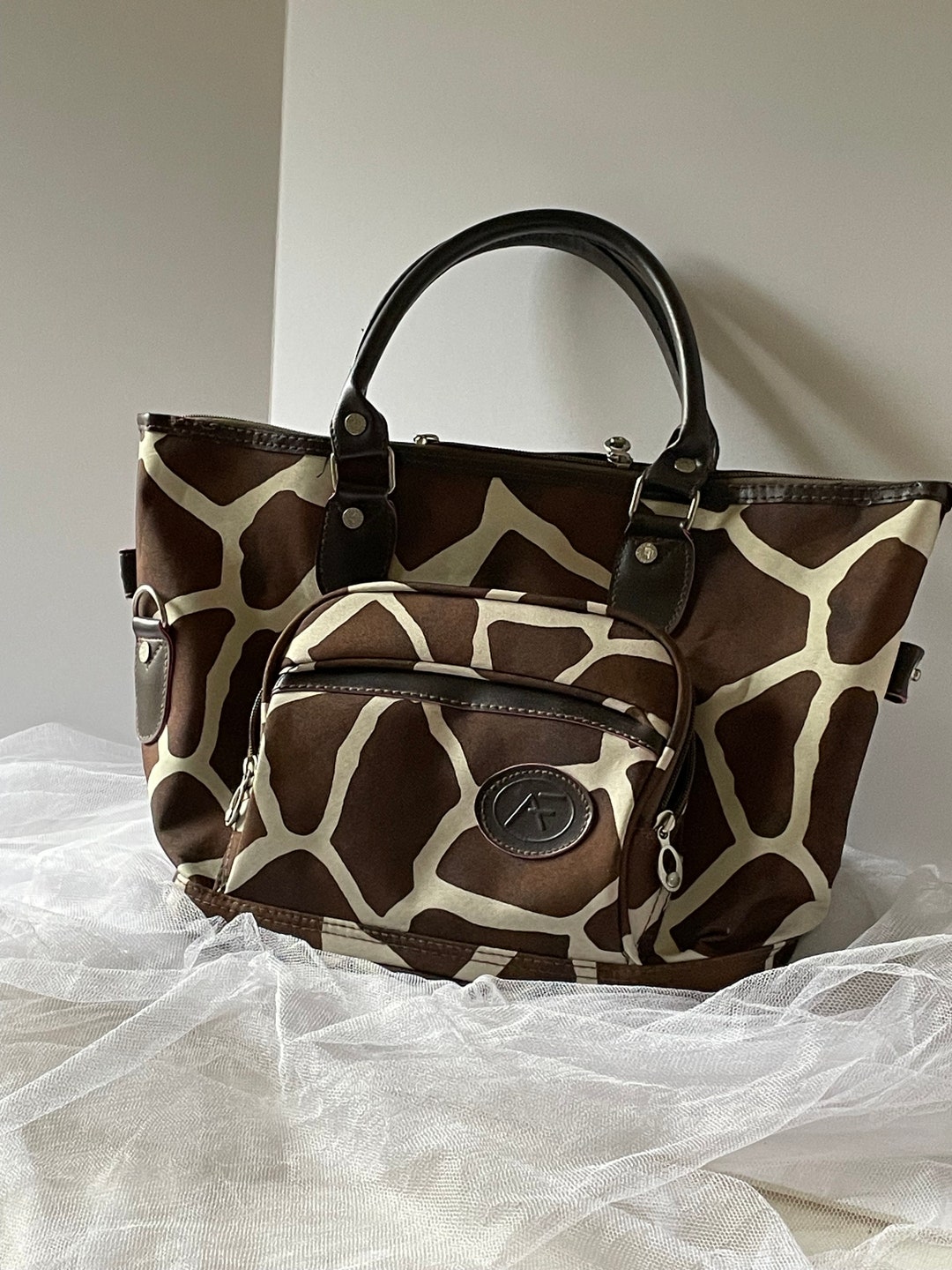 Vintage American Flyer Canvas Tote Bag, Brown White Giraffe