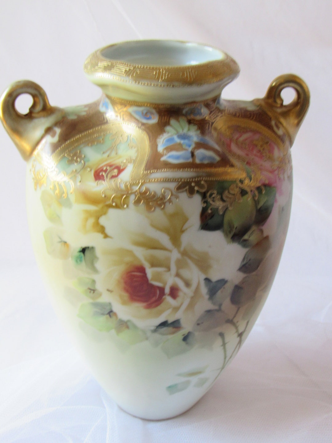 Vintage Nippon, Large Nippon Vase, Morimura Green Wreath, Applied Gilding, and Moriage, Hand