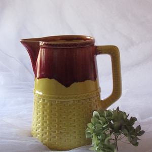 Antique Pitcher, German Majolica, Basketweave Pattern, Tin Glaze Pottery,