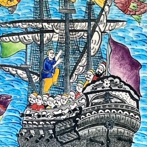 May include: A colorful illustration of a sailing ship with multiple masts, sails, and figures on board. The artwork features a blue ocean with fish and flags in various colors, including yellow, green, and purple. The ship is detailed with black and gray accents.
